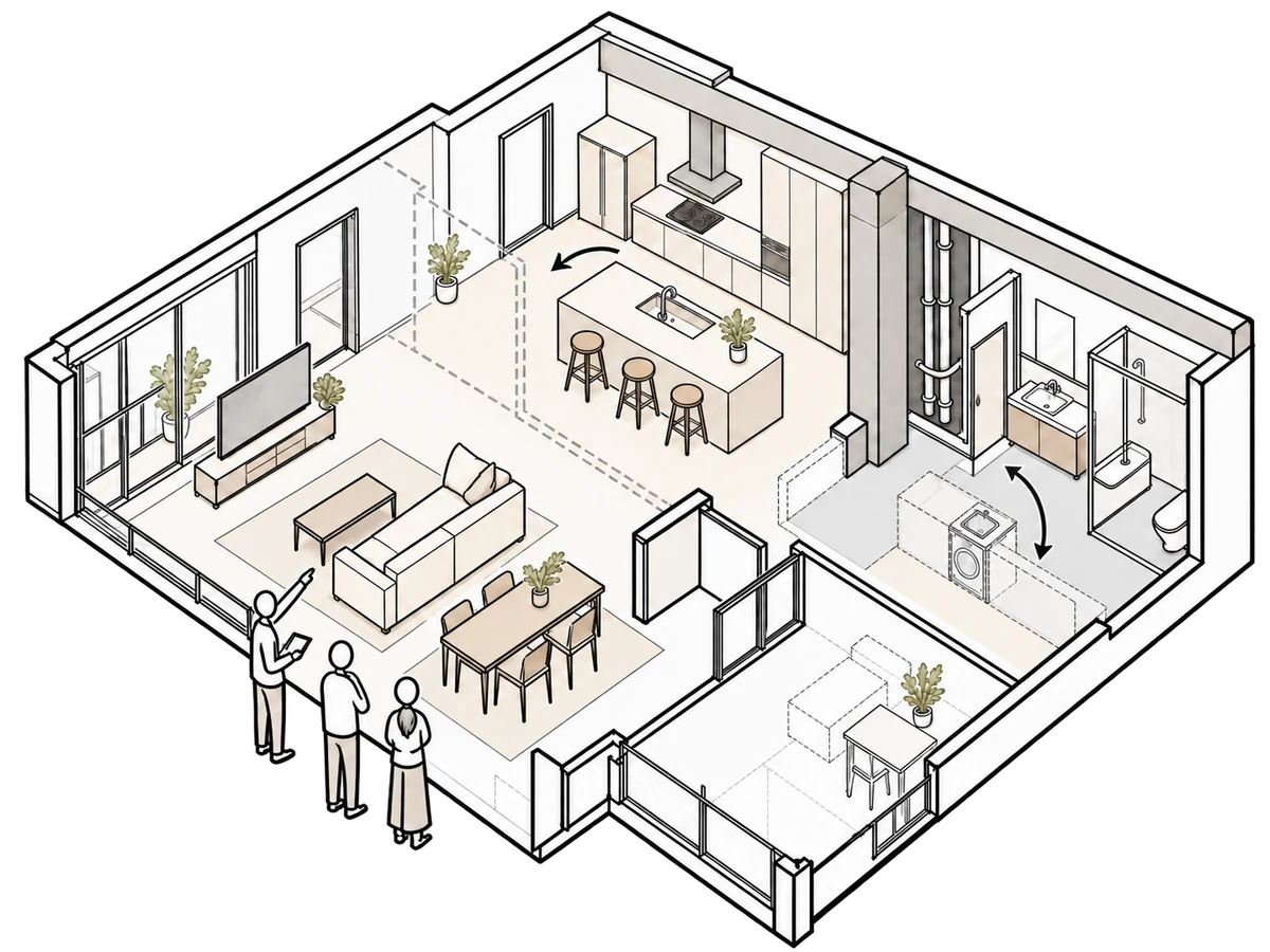 住まいの俯瞰図で、動かせる壁や水まわりを矢印で示しながら建築士が説明するイラスト