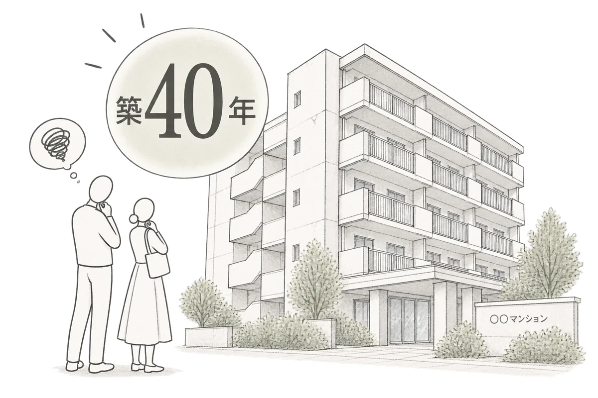 古い戸建ての構造を透かして見ながら、建築士がご夫婦に説明するイラスト